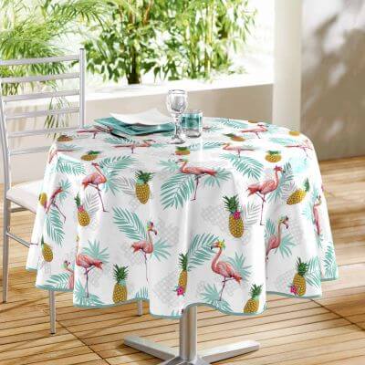 Nappe ronde - Ananas et flamant rose - Diamètre : 160 cm - PVC