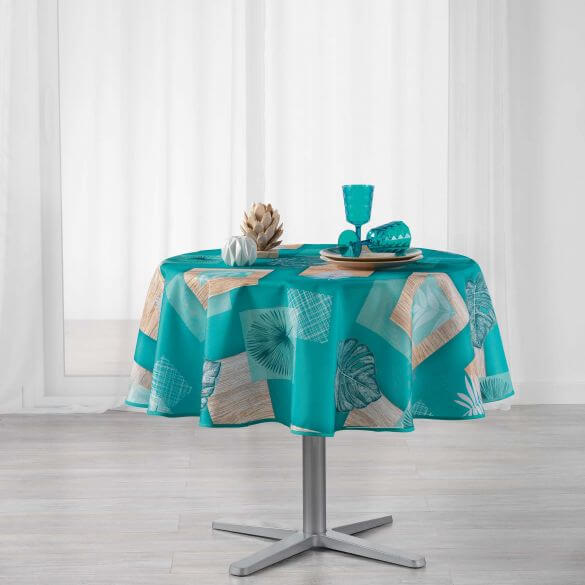 Nappe ronde - Palmier bleu - Diamètre : 180 cm - Polyester Nappe ronde - Palmier bleu - Diamètre : 180 cm - Polyester