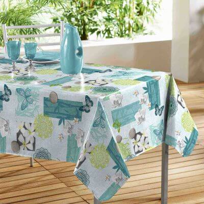 Nappe rectangulaire en toile cirée bleu turquoise pastel coton