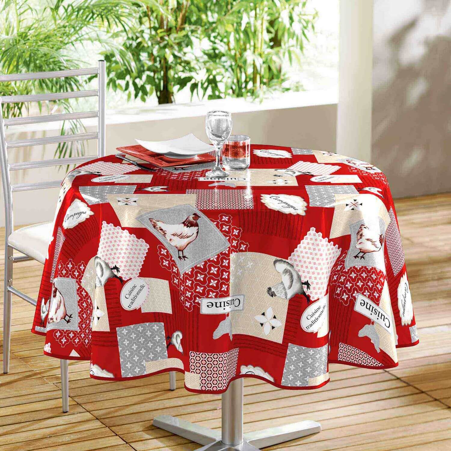 Nappe toile cirée ronde - Diamètre 160 cm - Polyester - Poules