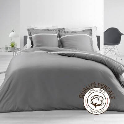 Housse de couette - 240 x 260 cm + taies - Percale - Gris - 78 fils  - Uni