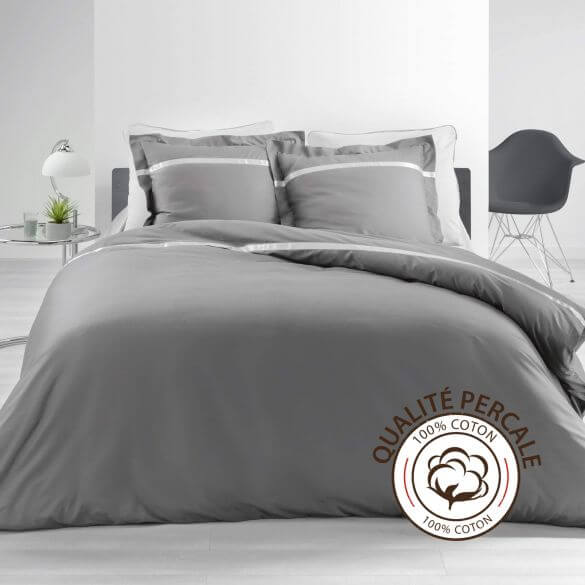 Housse de couette - 220 x 240 cm + taies - Percale - Gris -78 fils - Uni