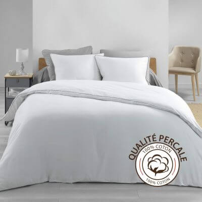 Housse de couette - 240 x 260 cm + taies - Percale - Blanc - 78 fils - Uni