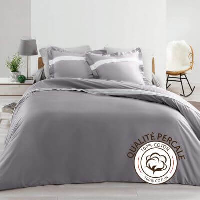 Housse de couette - 240 x 260 cm + taies - Percale - Gris - 78 fils - Uni