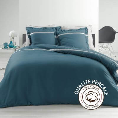 Housse de couette - 240 x 260 cm + taies - Percale - Bleu - 78 fils  - Uni