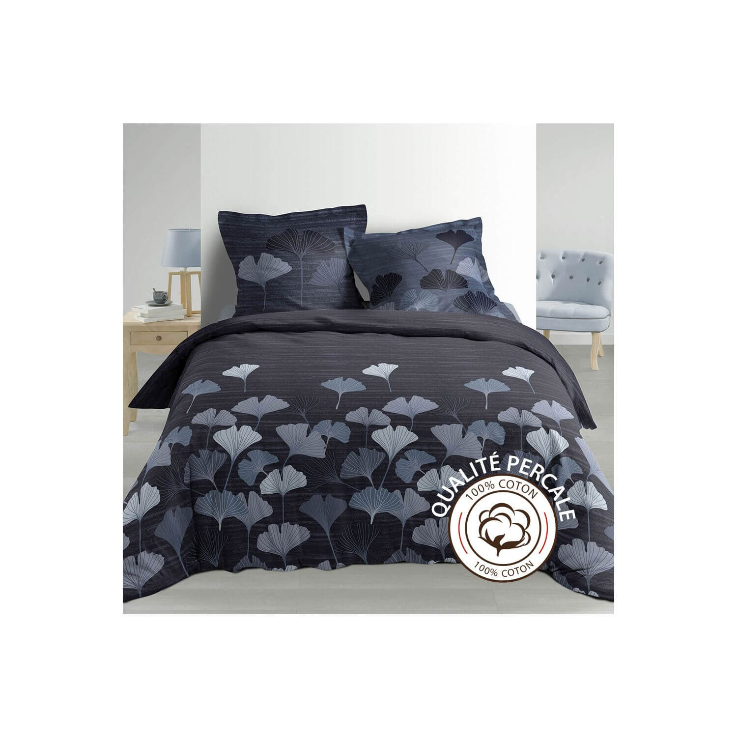 Housse de couette - 240 x 220 cm + taies - percale 78 fils - ginkgo