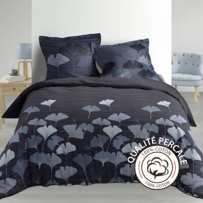 Housse de couette - 260 x 240 cm + taies - percale 78 fils - ginkgo