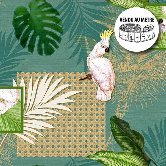 Toile cirée au mètre - Largeur 140 cm - Cacatoes et feuillages tropicales Toile cirée au mètre - Largeur 140 cm - Cacatoes et feuillages tropicales