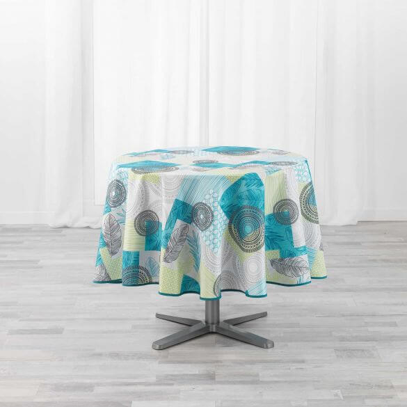 Nappe antitache ronde - Diamètre 180 cm - Motifs graphiques bleu