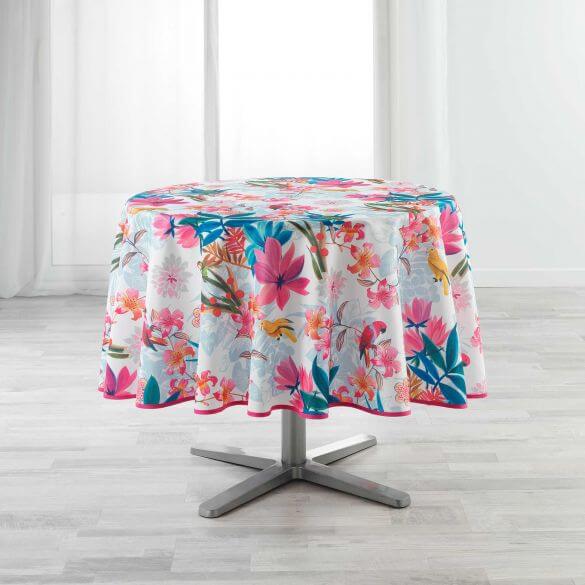 Nappe antitache ronde - Diamètre 180 cm - Perroquets et fleurs colorées - Blanc Nappe antitache ronde - Diamètre 180 cm - Perroquets et fleurs colorées - Blanc