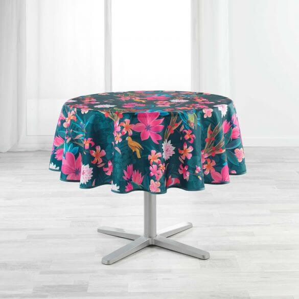 Nappe antitache ronde - Diamètre 180 cm - Perroquets et fleurs colorées - Bleu