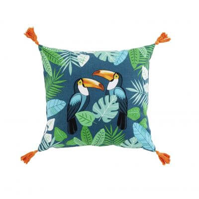 Coussin déhoussable avec pompons - Toucan