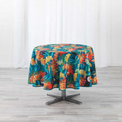 Nappe antitache ronde - Diamètre 180 cm -  Feuillage tropical et Toucan - Bleu