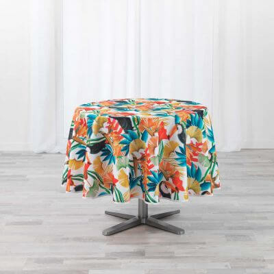 Nappe antitache ronde - Diamètre 180 cm -  Feuillage tropical et Toucan - Blanc