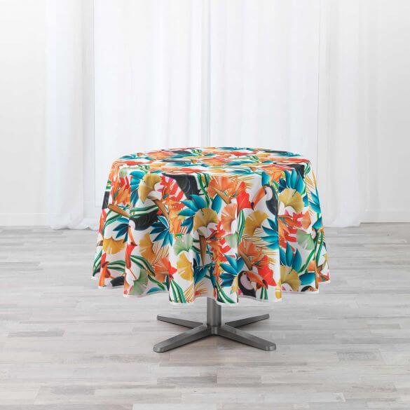 Nappe antitache ronde - Diamètre 180 cm -  Feuillage tropical et Toucan - Blanc