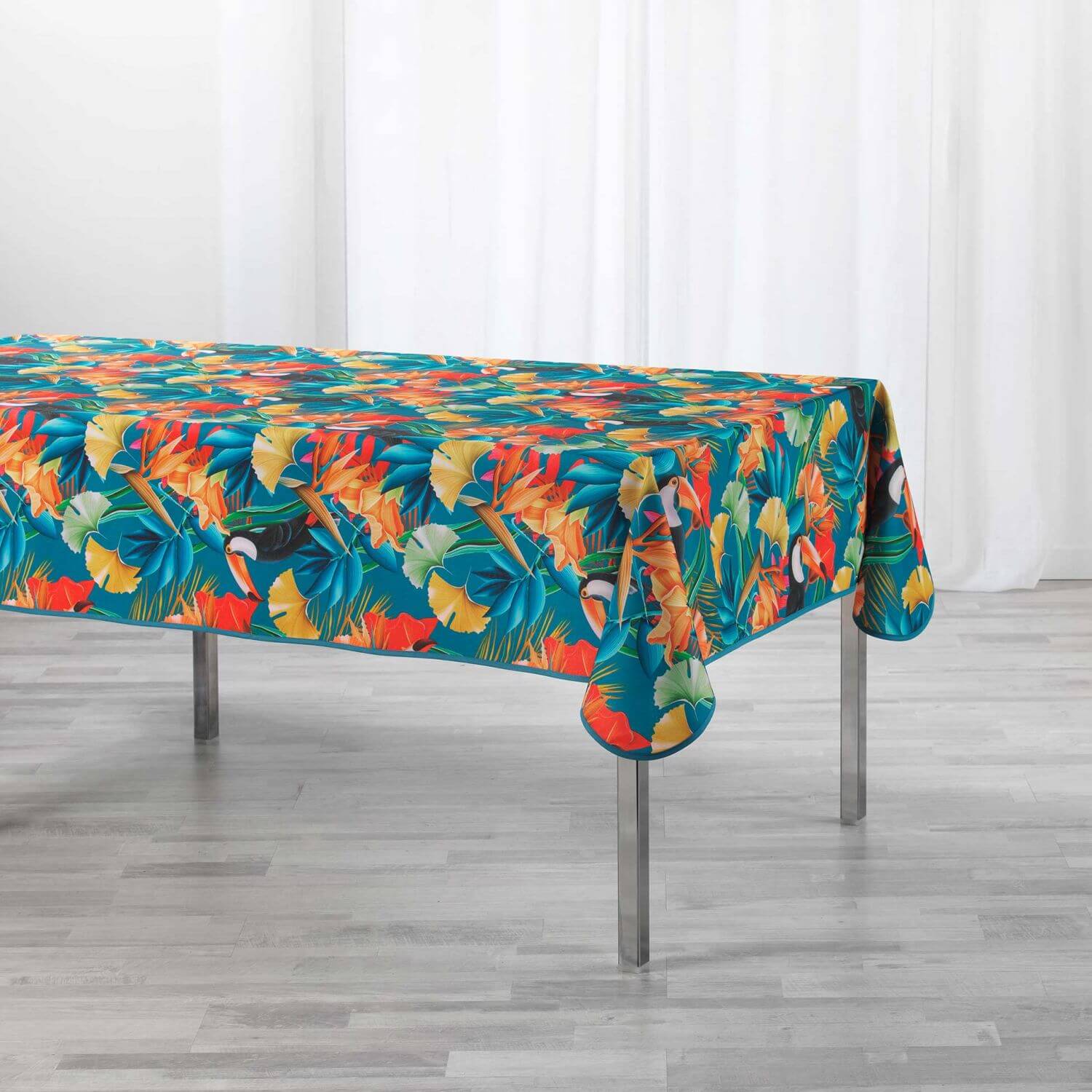 Nappe antitache rectangulaire - 150 x 240 cm -  Feuillage tropical et Toucan - Bleu