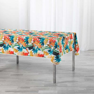 Nappe antitache rectangulaire - 150 x 240 cm - Feuillage tropical et Toucan - Blanc