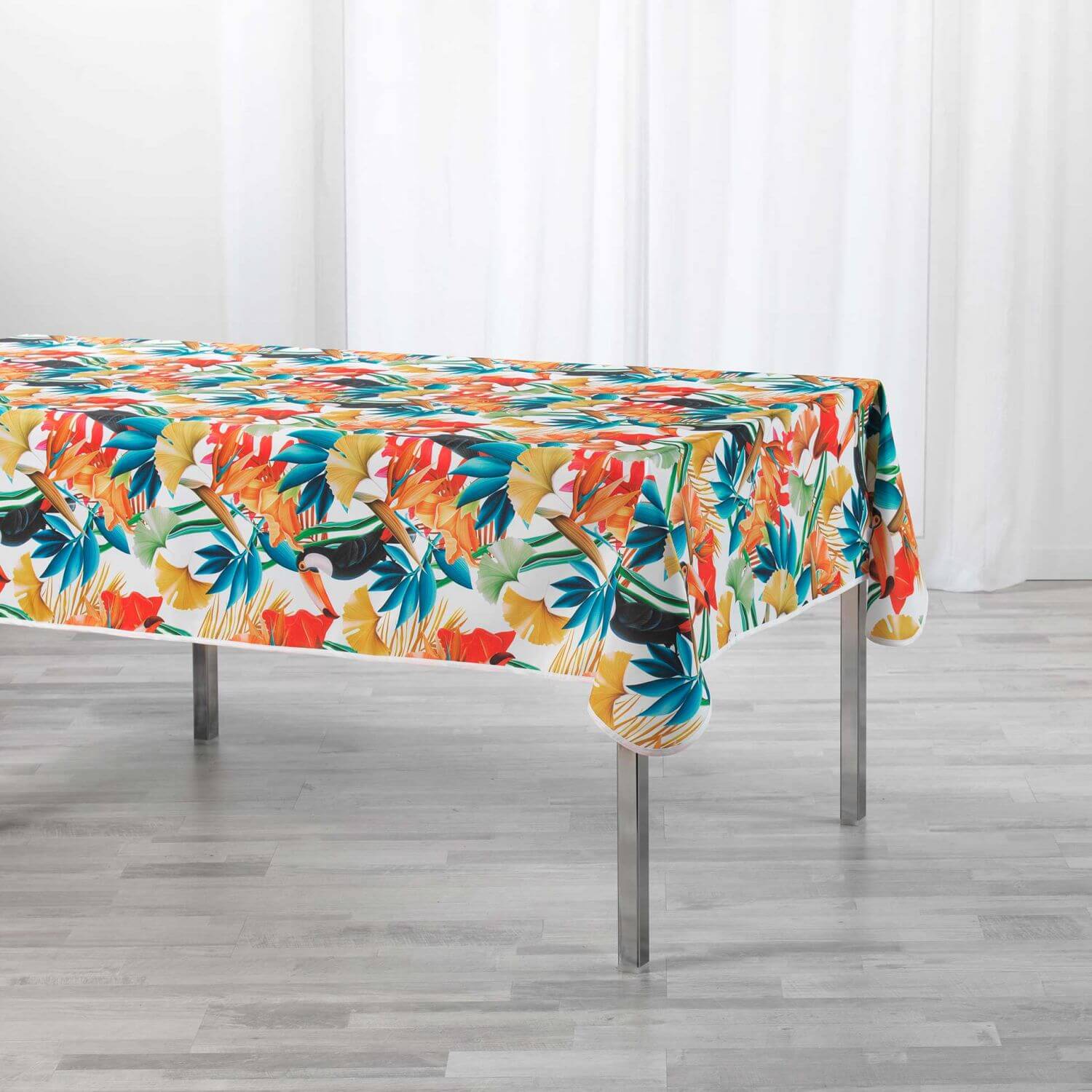 Nappe antitache rectangulaire - 150 x 240 cm -  Feuillage tropical et Toucan - Blanc