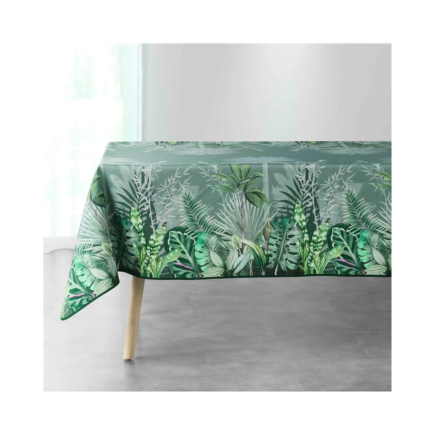 Nappe antitache rectangulaire - 150 x 240 cm -Feuillage vert sur fond kaki