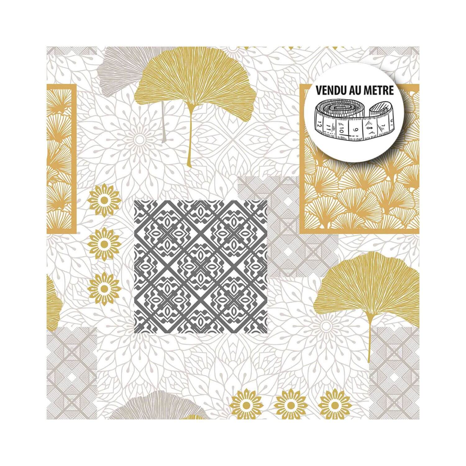 Toile cirée au mètre - Largeur 140 cm - Fleurs de ginkgo métallisées