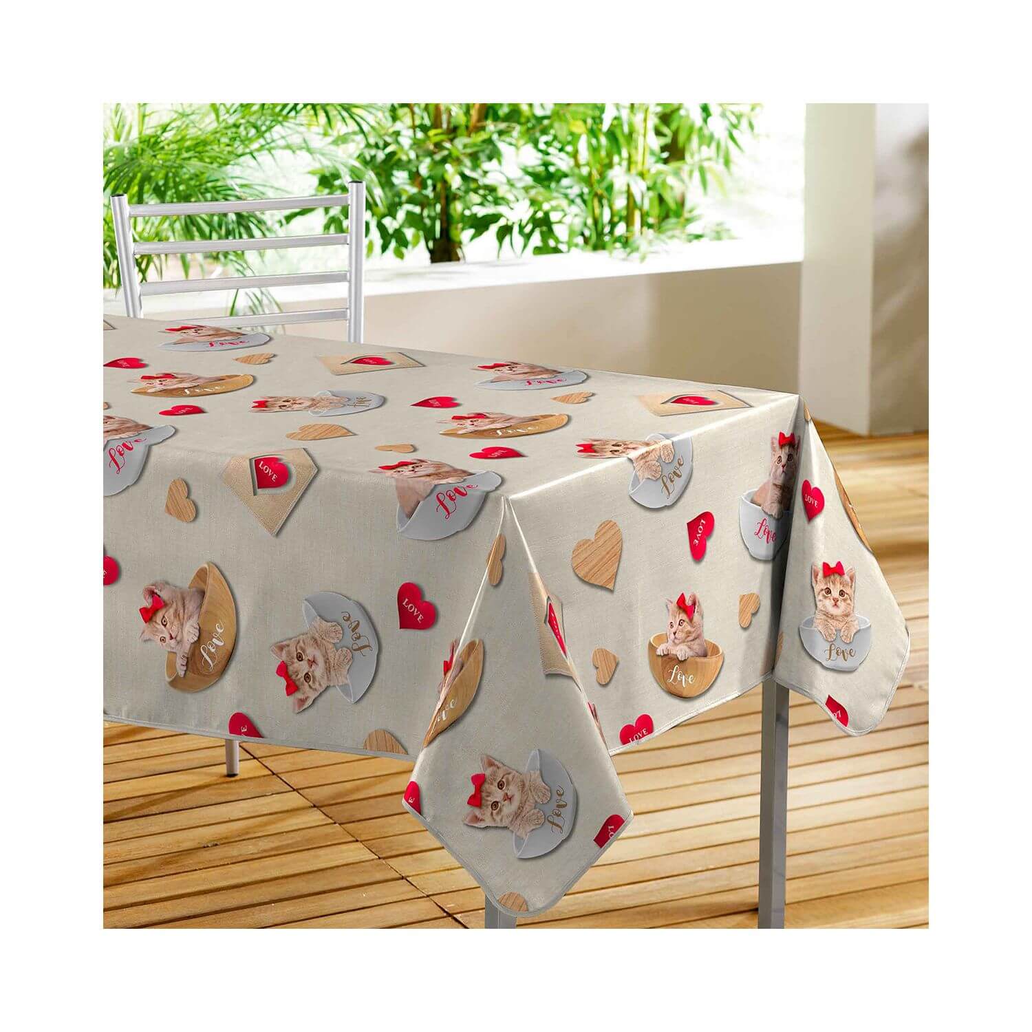 Nappe toile cirée rectangulaire - 140 x 240 cm -Chatons et coeurs