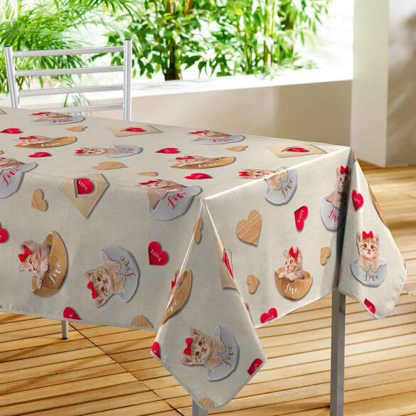 Nappe toile cirée rectangulaire - 140 x 240 cm -Chatons et coeurs