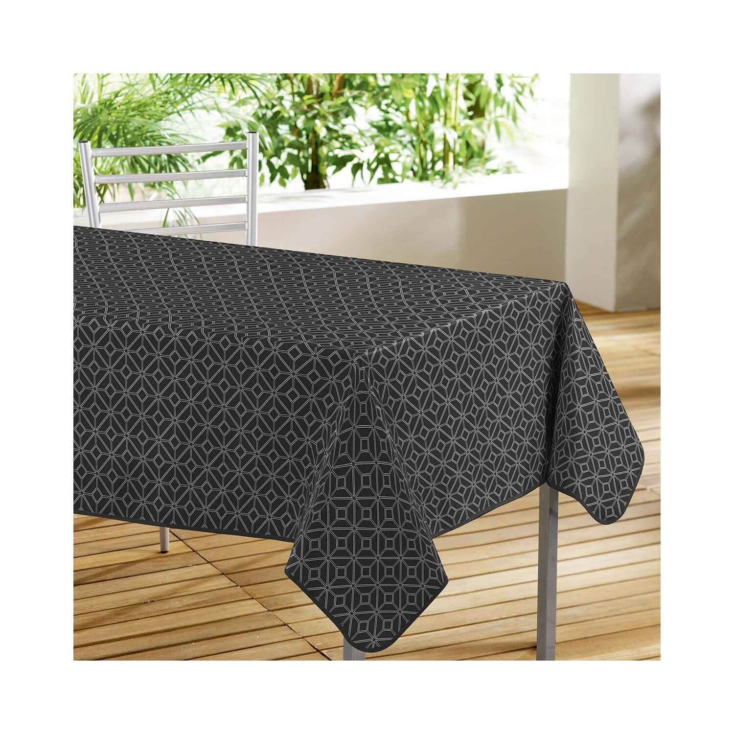 Nappe toile cirée rectangulaire -Motifs graphiques blanc fond noir