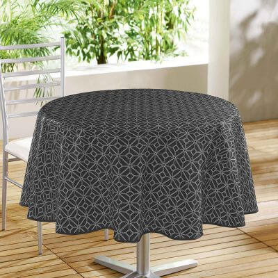 Nappe toile cirée ronde - Diamètre 160 cm -Motifs graphiques blanc fond noir