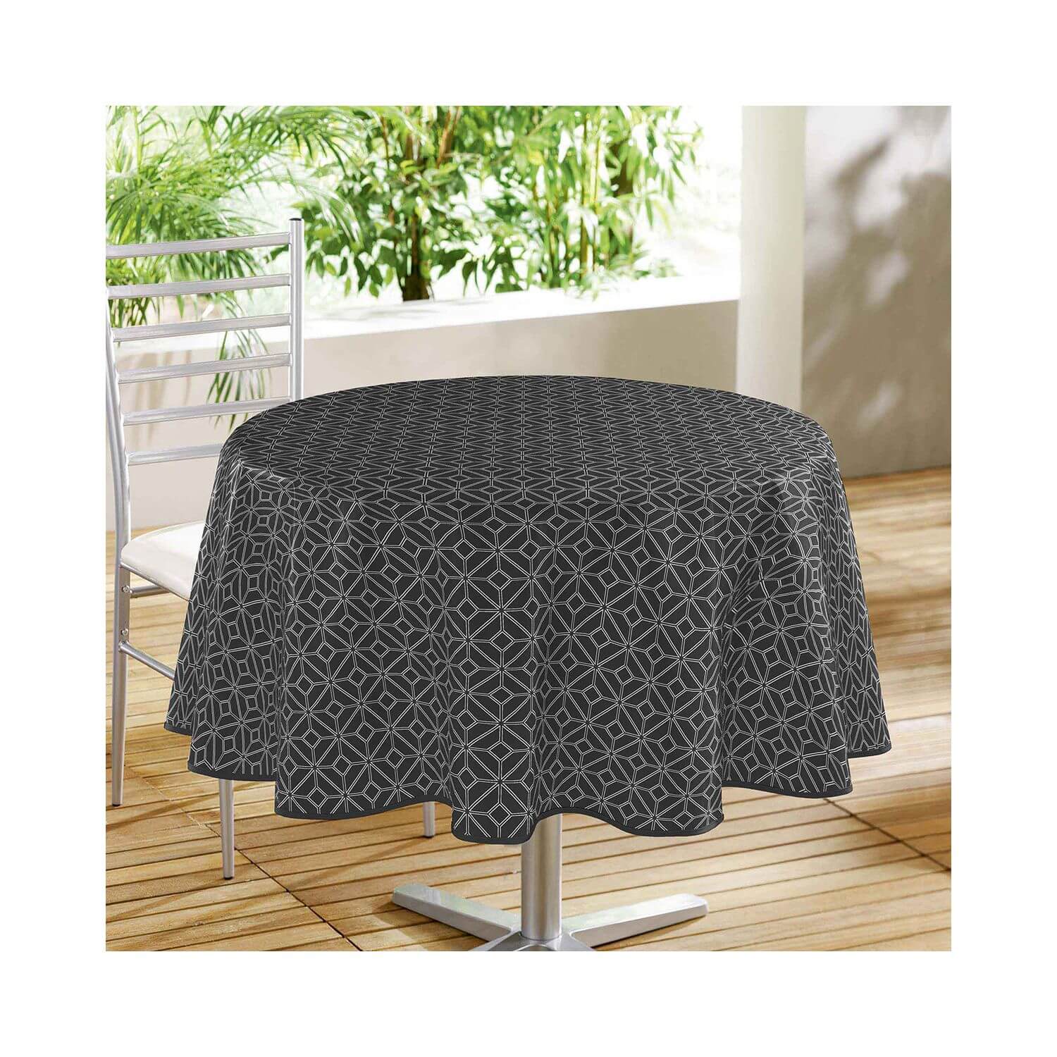Nappe toile cirée ronde - Diamètre 160 cm -Motifs graphiques blanc fond noir