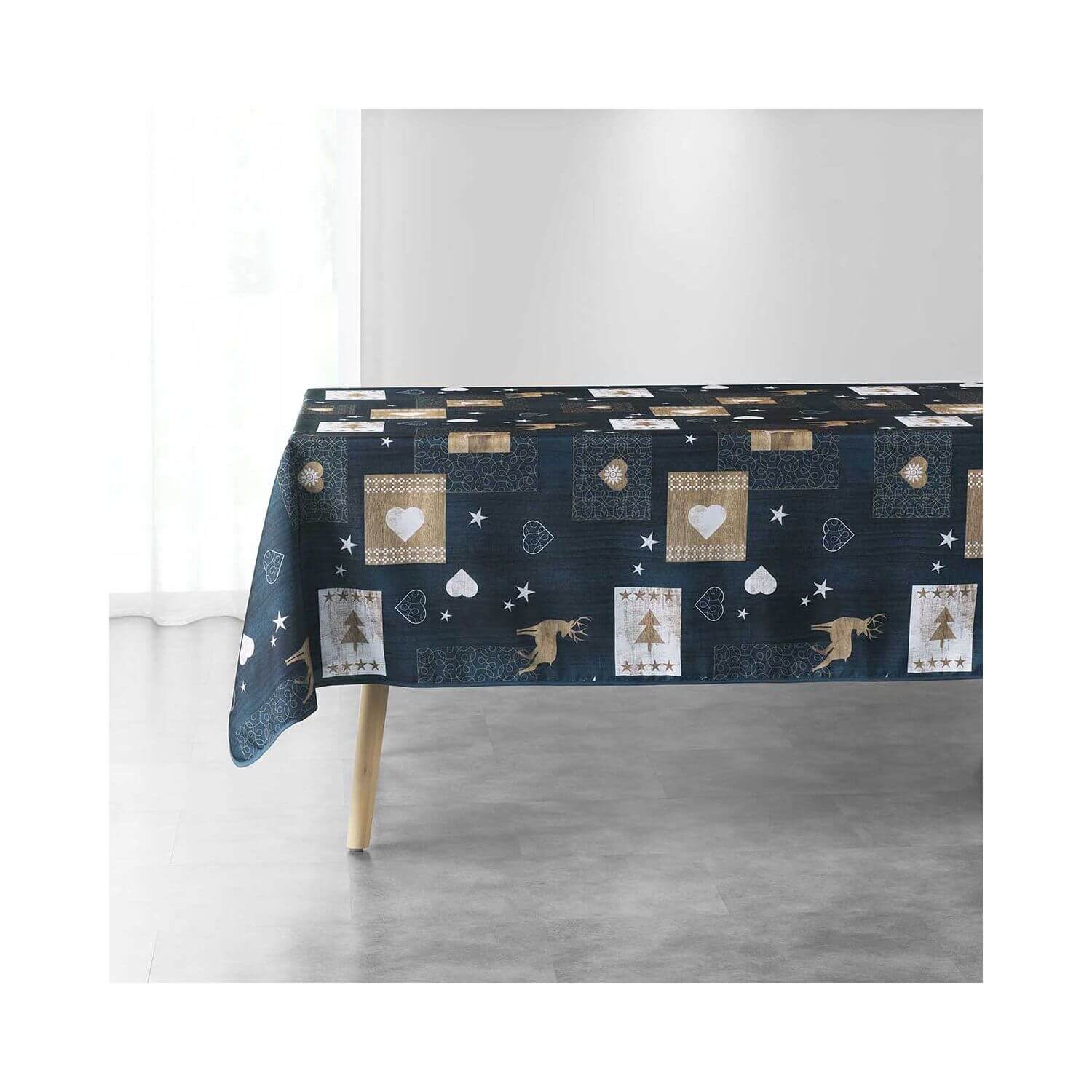 Nappe antitache rectangulaire - 150 x 240 cm -Motifs sapin, coeurs et cerf