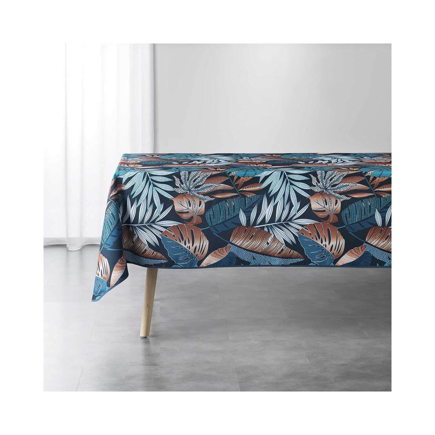 Nappe antitache rectangulaire - 150 x 240 cm - Feuillages bleu et cuivre