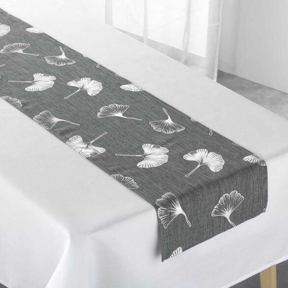 Nappe uni blanc 150 x 240 cm + Chemin de table gris motifs fleurs gingko argenté