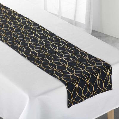 Nappe blanche 140 x 250 cm + Chemin de table noir motifs dorés