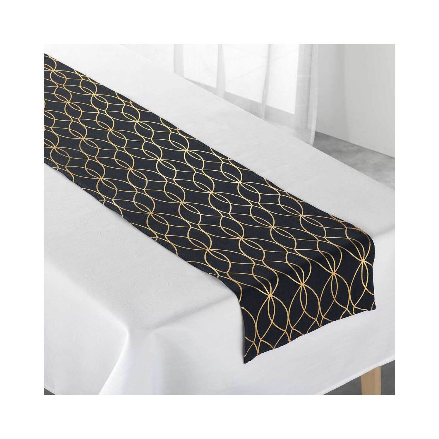 Nappe blanche 140 x 250 cm + Chemin de table noir motifs dorés