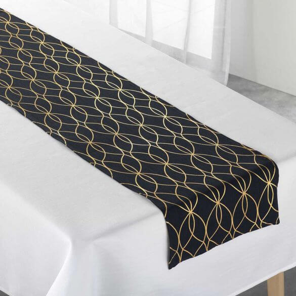 Nappe blanche rectangle + Chemin de table noir motifs dorés