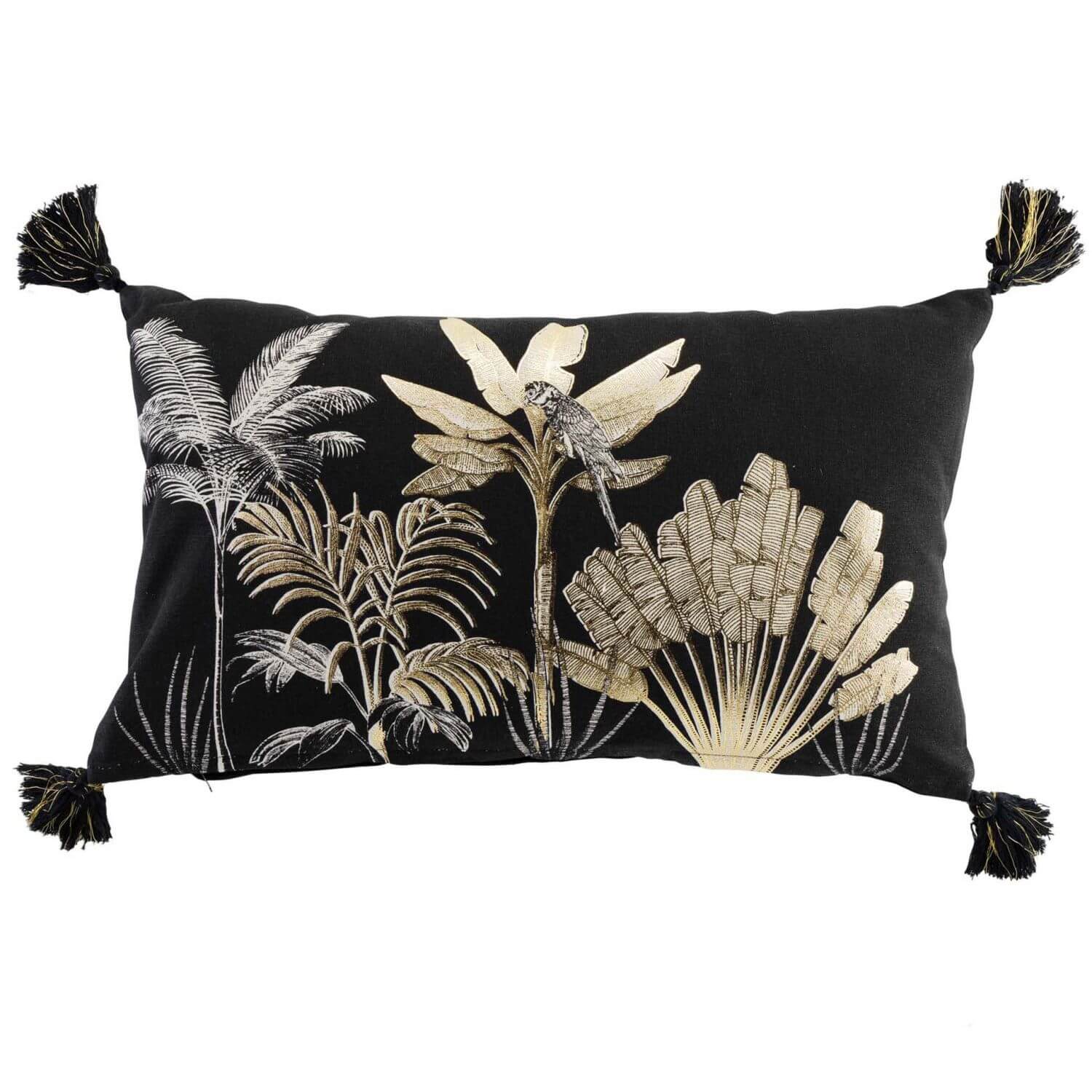 Coussin déhoussable - Palmiers et perroquets - noir et or métallisé