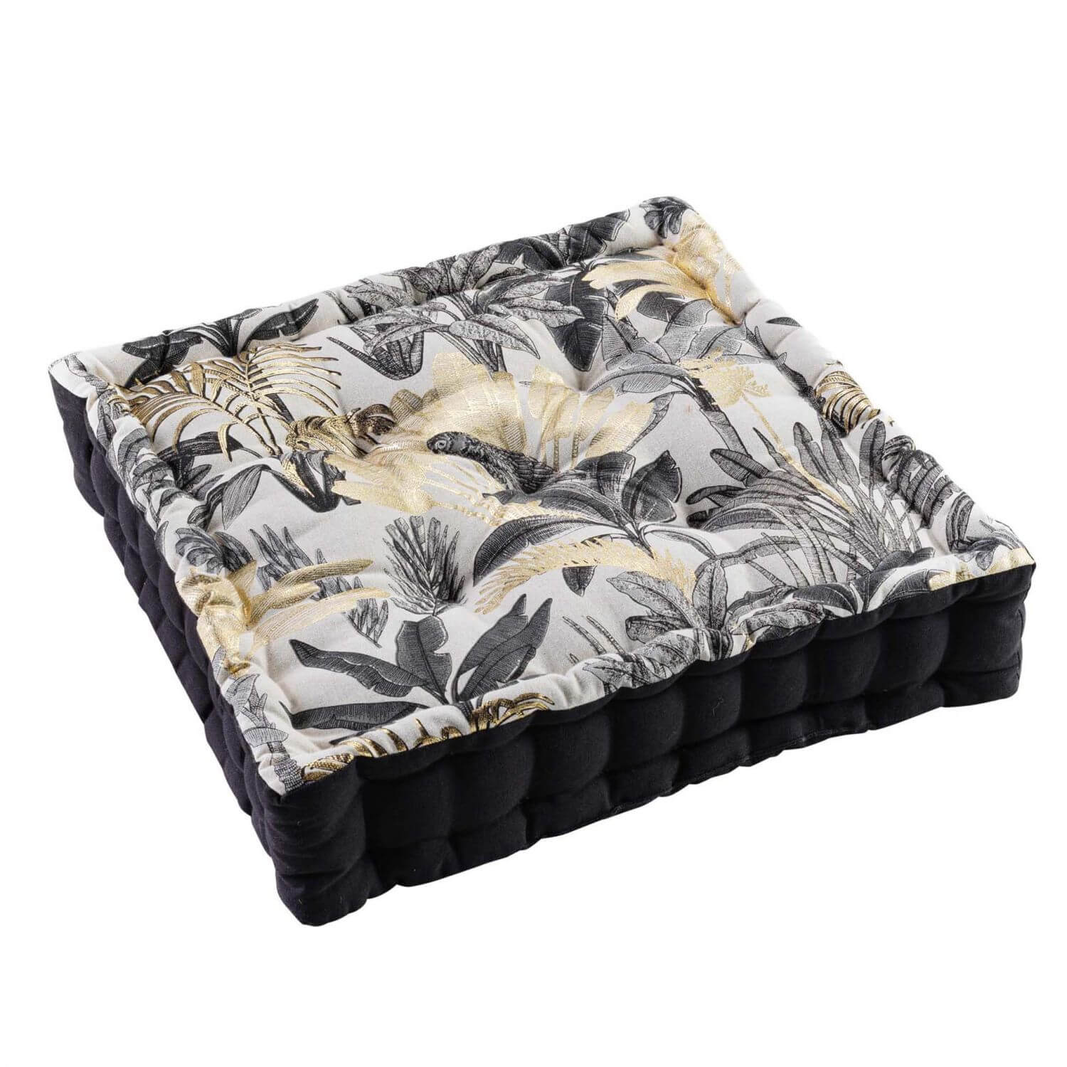 Coussin de sol garni - 45 x 45 cm x 10 cm - Palmiers et perroquets - noir et or métallisé