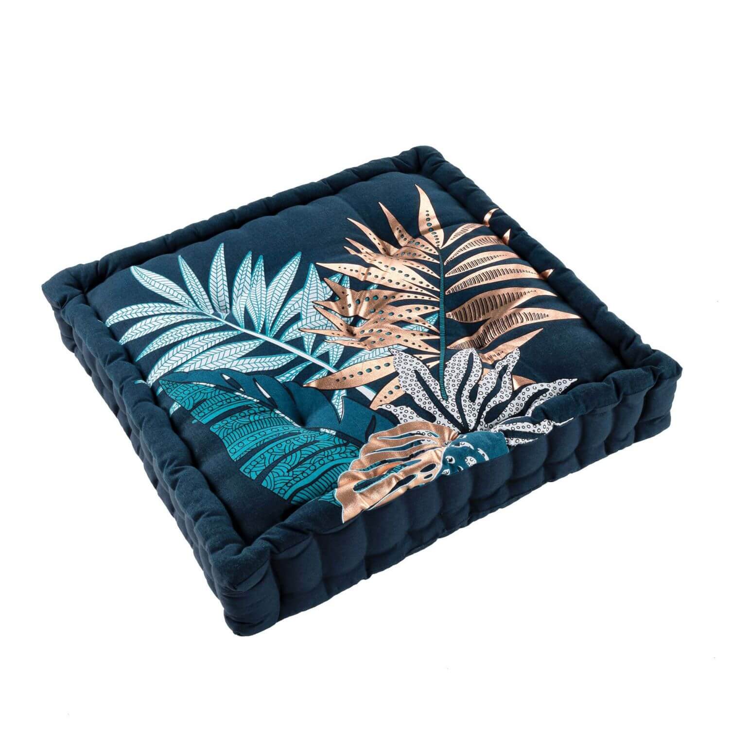 Coussin de sol garni - 60 x 60 cm x 10 cm - Feuillages - Bleu et cuivre métallisé