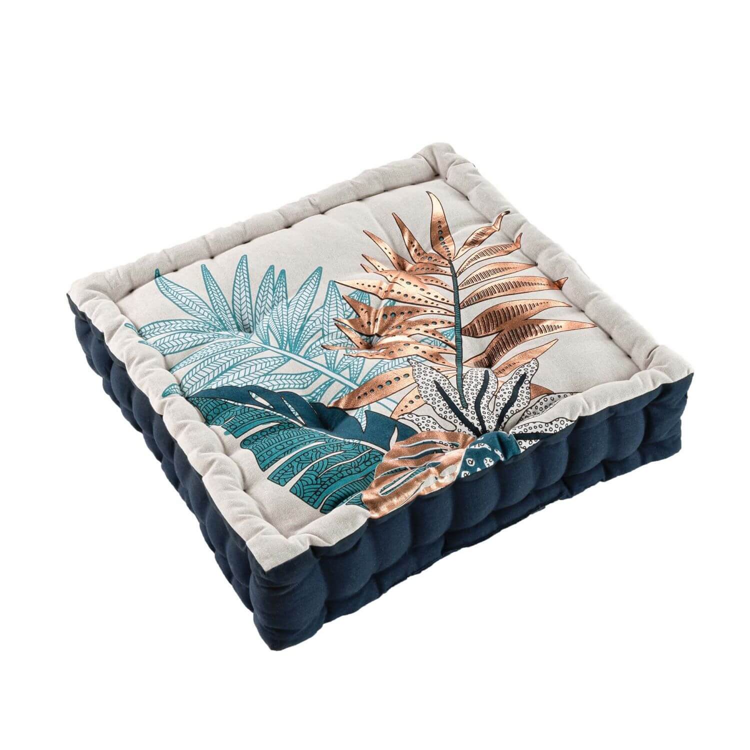 Coussin de sol garni - 45 x 45 cm x 10 cm - Feuillage - Beige, bleu et cuivre métallisé