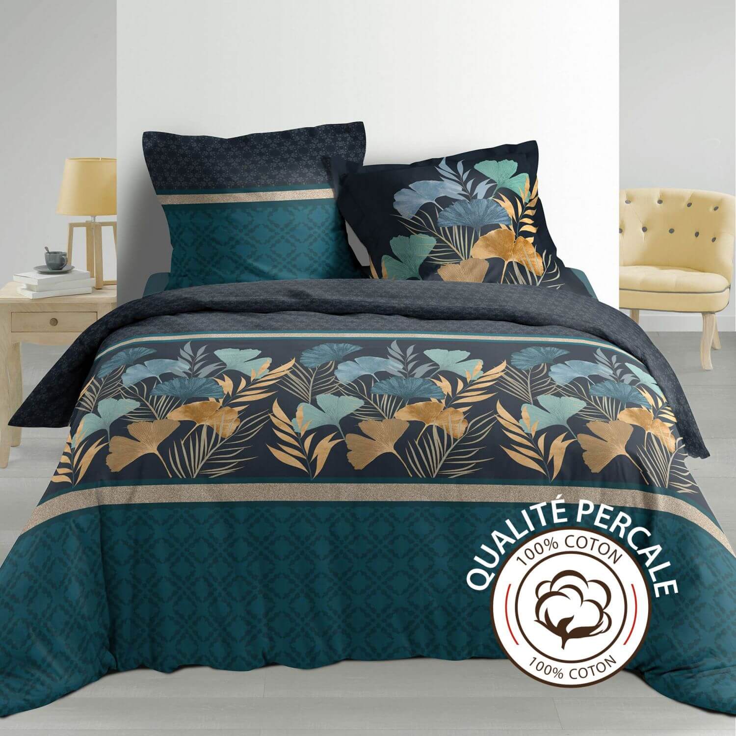 Housse de couette - 240 x 220 cm + taies - Percale 78 fils - Ginkgo bleu