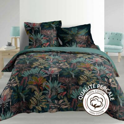 Housse de couette - 260 x 240 cm + taies - Percale 78 fils - Forêt tropicale