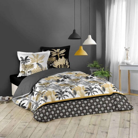 Housse de couette - 240 x 220 cm + taies - Palmiers et perroquets - noir et or métallisé Housse de couette - 240 x 220 cm + taies - Palmiers et perroquets - noir et or métallisé