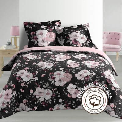 Housse de couette - 260 x 240 cm + taies - Percale 78 fils - Fleurs roses - Fond noir