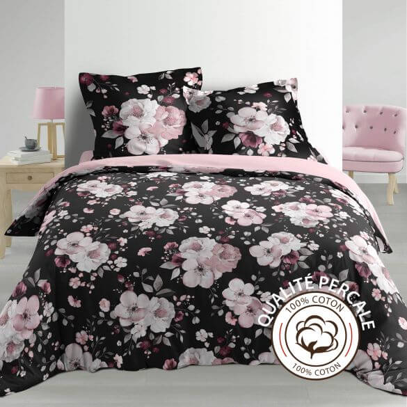 Housse de couette - 260 x 240 cm + taies - Percale 78 fils - Fleurs roses - Fond noir Housse de couette - 260 x 240 cm + taies - Percale 78 fils - Fleurs roses - Fond noir