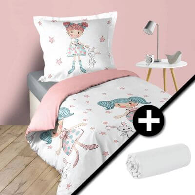 Pack parure de couette enfant 140x200 cm Danseuse + drap housse 90x190  Blanc