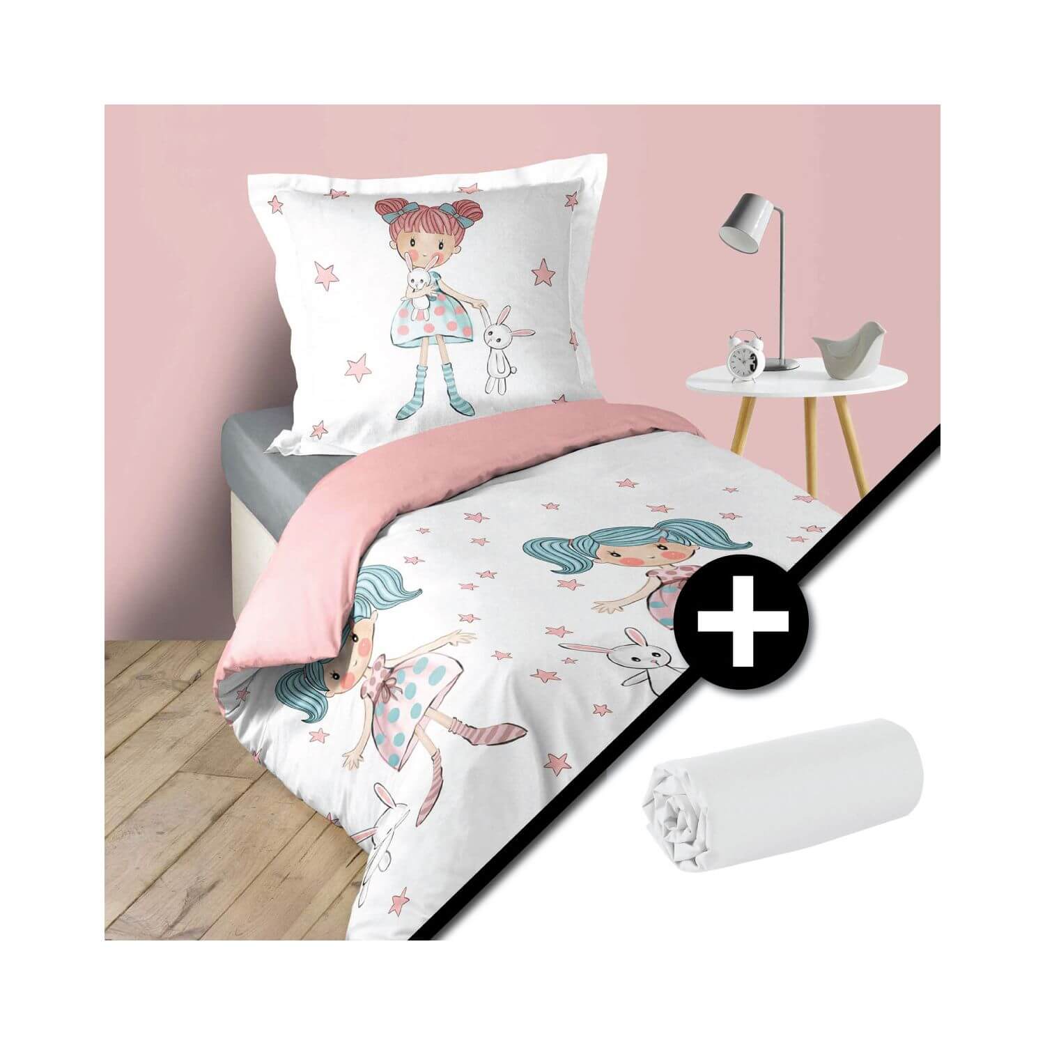 Housse de couette réversible - 140 x 200 cm + taie - Fille avec doudou + Drap housse - 90 x 190 cm - Percale - 78 fils - Uni