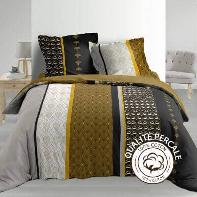 Housse de couette - 240 x 220 cm + taies - Percale 78 fils - Motifs graphiques noir, moutarde et gris