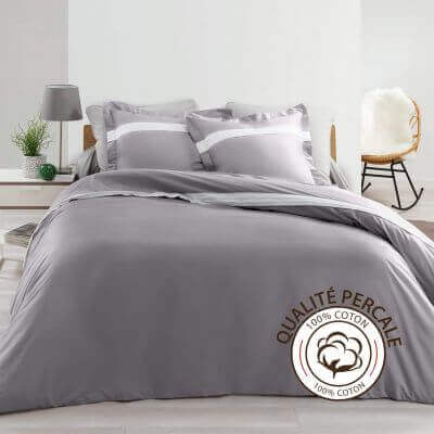 Housse de couette - 220 x 240 cm + taies - Percale - Gris - 78 fils - Uni