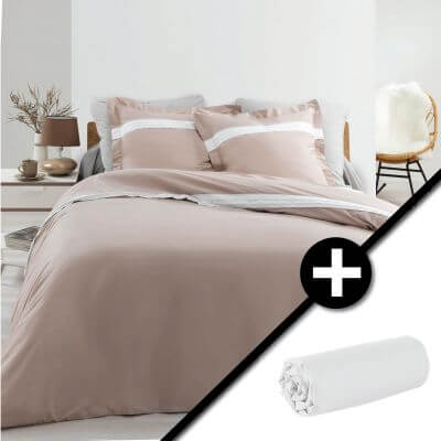 Lot : Housse de couette - 220 x 240 cm + taies - Percale - Naturel - 78 fils - Uni + Drap housse - 160 x 200 cm - Percale - 78 f