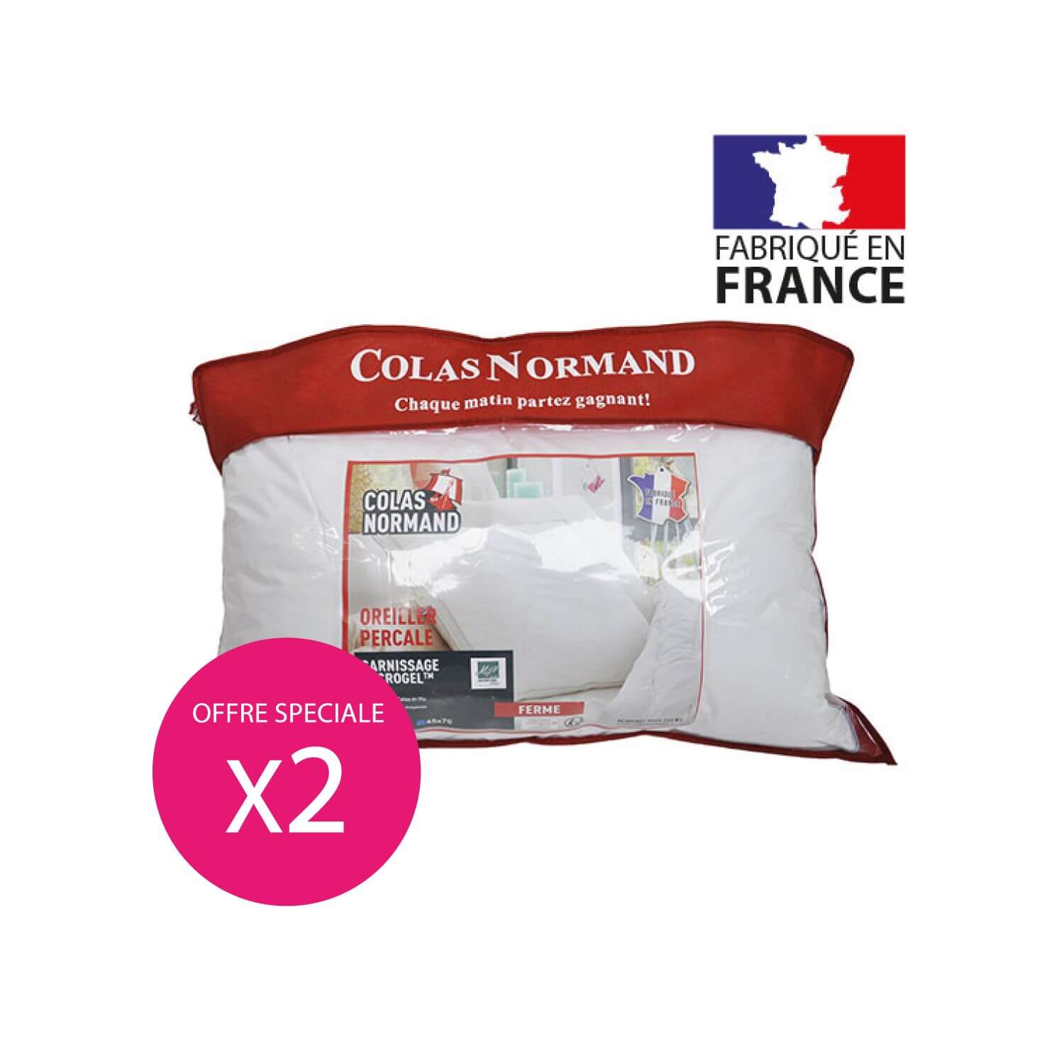 Lot : 2 Oreillers percale de coton microgel - 45 x 70 cm - Made in France